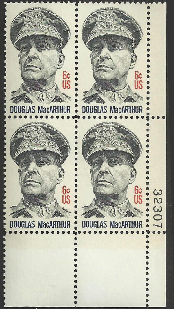 United States | 1971 General Douglas MacArthur Plate Block of four 6-Cent United States Postage Stamps Stamp United States