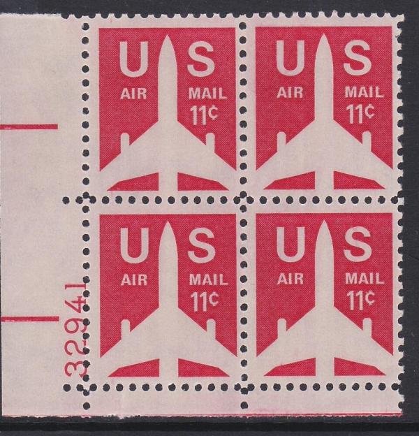 United States | 1971 Jet Airliner Plate Block of Four 11-Cent United States Air Mail Postage Stamps Carmine Stamp Carmine