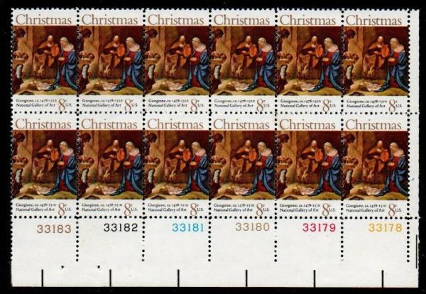 United States | 1971 Nativity Plate Block of Twelve 8-Cent US Christmas Postage Stamps Stamp United States