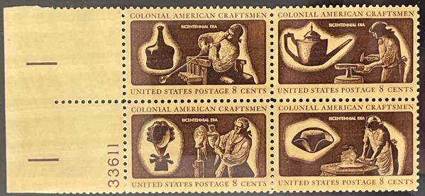 United States | 1972 Colonial American Craftsmen Plate Block of Four 8-Cent US Postage Stamps Mint Never Hinged Brown and dull yellow Stamp Brown & dull yellow