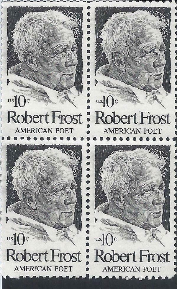 United States | 1974 Robert Frost Block of Four 10-Cent US Postage Stamps Mint Never Hinged Blue and Grey Stamp Blue & Grey