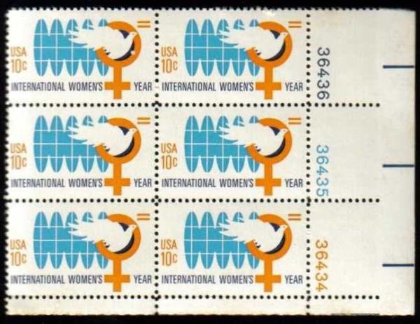 United States | 1975 International Year Plate Block of Six 10-Cent USA Postage Stamps Mint Never Hinged Blue, orange and dark blue Stamp Blue, orange & dark blue