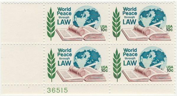 United States | 1975 World Peace through Law Plate Block of Four 10-Cent US Postage Stamps Mint Never Hinged Green, blue,and rose brown Stamp Green, blue,and rose brown