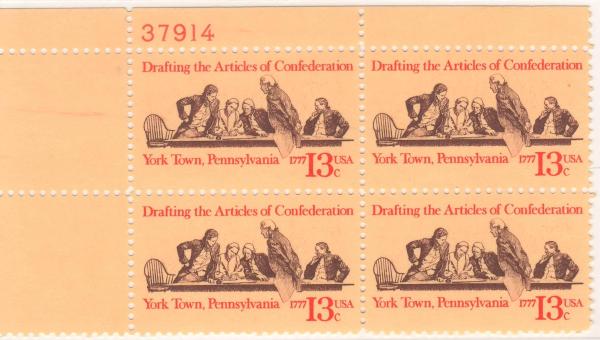 United States | 1977 Articles of Confederation Plate Block of Four 13-Cent United States Postage Stamps Red and brown Stamp Red & Brown