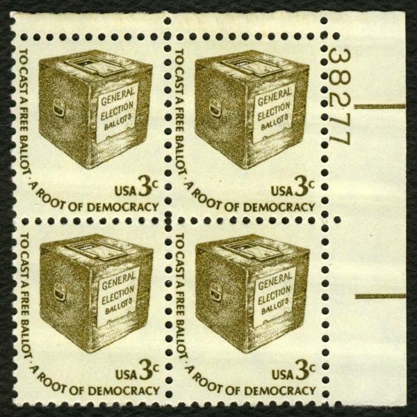 United States | 1977 Early Ballot Box Plate Block of Four 3-Cent United States Postage Stamps Olive Stamp Olive