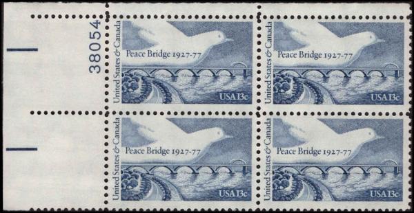 United States | 1977 Peace Bridge Plate Block of Four 13-Cent US Postage Stamps Mint Never Hinged Blue Stamp Blue