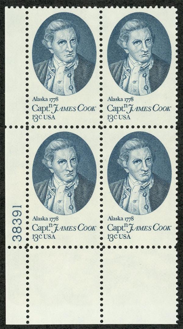 United States | 1978 Captain Cook Alaska Voyage Plate Block of four 13-Cent United States Postage Stamps Dark blue Stamp Dark blue