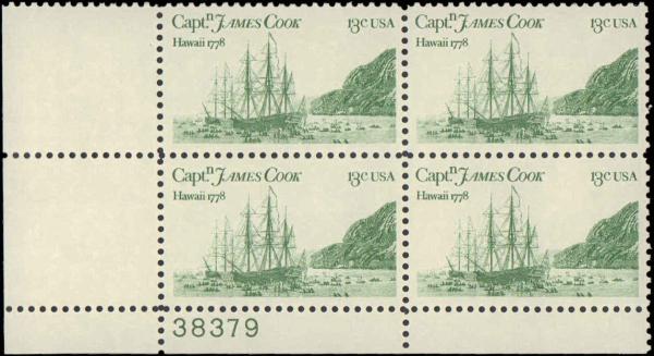 United States | 1978 Captain Cook Hawaii Voyage Plate Block of four 13-Cent United States Postage Stamps Green Stamp Green