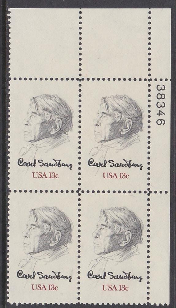 United States | 1978 Carl Sandburg Plate Block of Four 13-Cent US Postage Stamps Mint Never Hinged Black and brown Stamp Black & brown