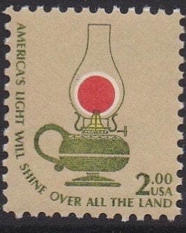 United States | 1978 Kerosene Lamp Two-Dollar United States Postage Stamp Tan, dark green, orange and yellow Stamp Tan, dark green, orange & yellow