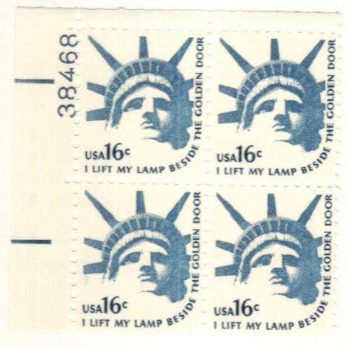 United States | 1978 Statue of Liberty Plate Block of Four 16-Cent United States Postage Stamps Blue Stamp Blue