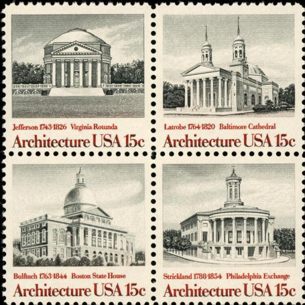 United States | 1979 15c American Architecture Block of 4 US Postage Stamps Mint Never Hinged Black and brick red Stamp Black & brick red