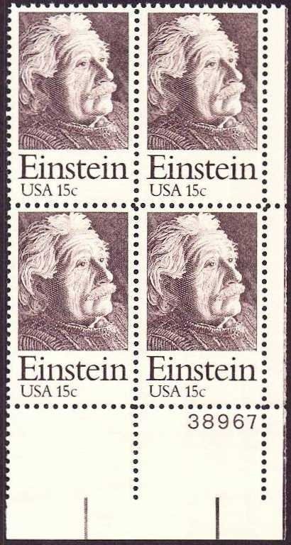 United States | 1979 Albert Einstein Plate Block of Four US 15-Cent Postage Stamps Mint Never Hinged Chocolate Stamp Chocolate