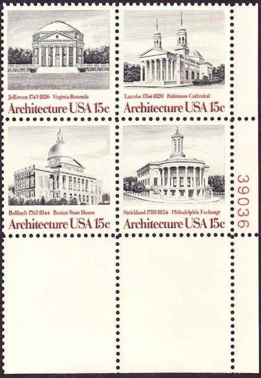 United States | 1979 American Architecture Plate Block of Four 15-Cent United States Postage Stamps Black and brick red Stamp Black & brick red