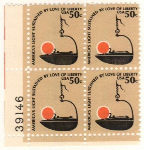 United States | 1979 Betty Lamp Plate Block of Four 50-Cent United States Postage Stamps Tan, black and orange Stamp Tan, black & orange