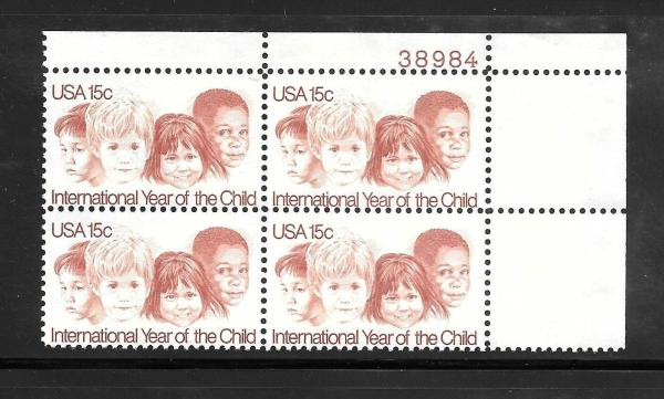 United States | 1979 International Year of the Child Plate Block of Four 15-Cent US Postage Stamps Mint Never Hinged Orange red Stamp Orange red