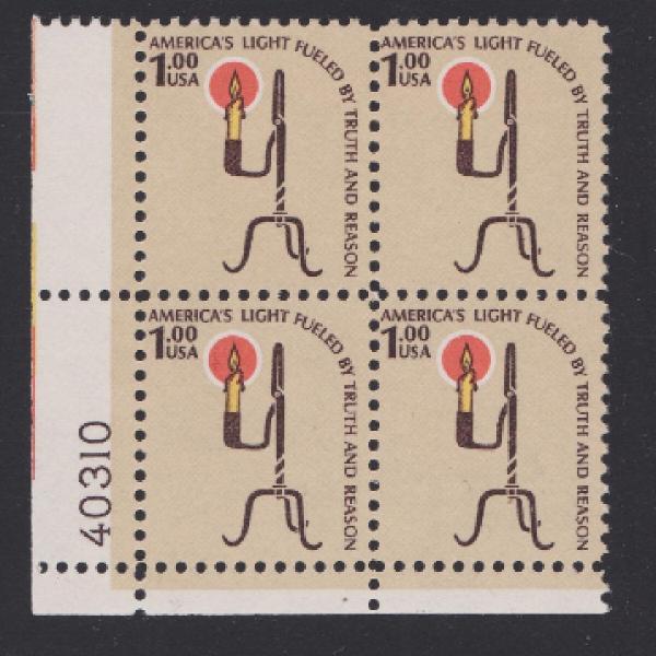 United States | 1979 Rush Lamp Plate Block of Four One-Dollar United States Postage Stamps Tan, brown, orange and yellow Stamp Tan, brown, orange & yellow