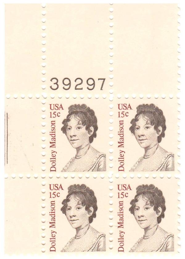 United States | 1980 Dolley Madison Plate Block of Four 15-Cent United States Postage Stamps Red brown and sepia Stamp Red brown & sepia