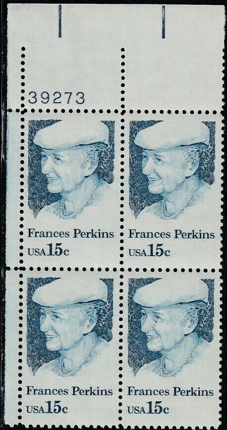 United States | 1980 Frances Perkins Plate Block of Four 15-Cent US Postage Stamps Mint Never Hinged Prussian blue Stamp Prussian blue