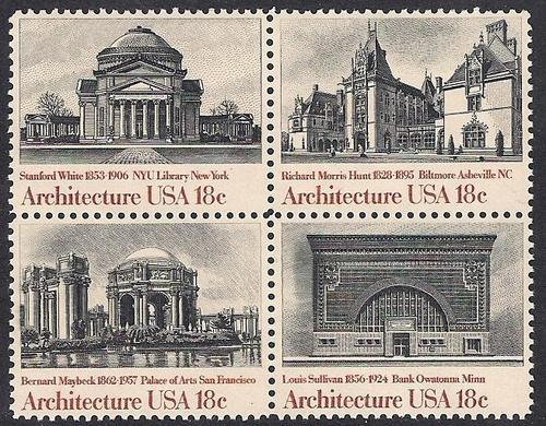 United States | 1981 American Architecture Block of Four 18-Cent US Postage Stamps Black and red Stamp Black & Red