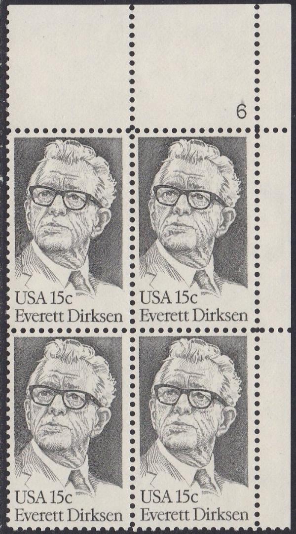 United States | 1981 Everett Dirksen Plate Block of Four 15-Cent United States Postage Stamps Gray Stamp Gray