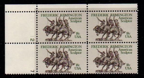 United States | 1981 Frederic Remington Plate Block of Four 18-Cent United States Postage Stamps Gray, olive green and brown Stamp Gray, olive green & brown