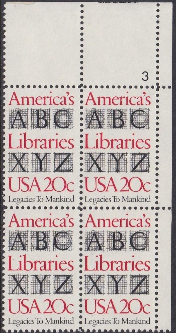 United States | 1982 America’s Libraries Plate Block of Four 20-Cent United States Postage Stamps Red and black Stamp Red & black