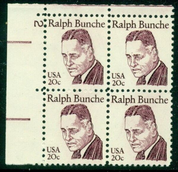 United States | 1982 Ralph Bunche Plate Block of Four 20-Cent US Postage Stamps Claret Stamp Claret