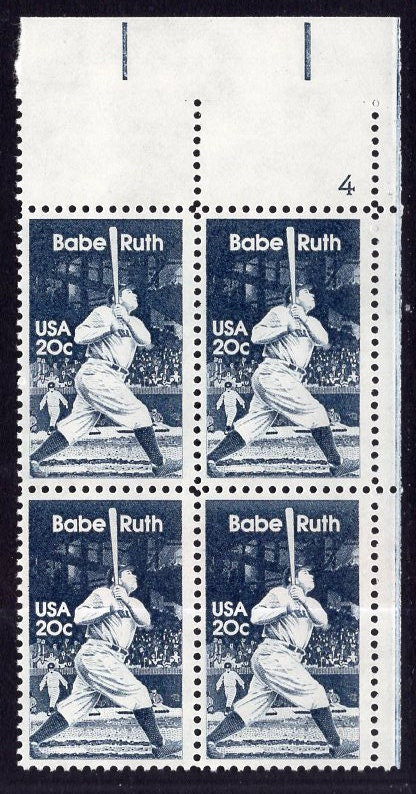 United States | 1983 Babe Ruth Collectible Plate Block of Four 20-Cent US Postage Stamps Stamp United States