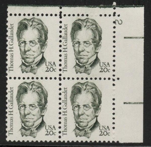 United States | 1983 Thomas H. Gallaudet Plate Block of Four 20-Cent United States Postage Stamps Green Stamp Green