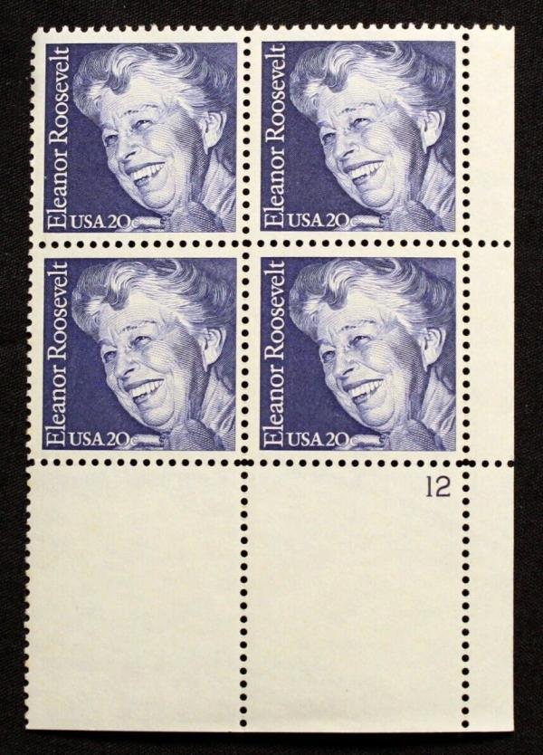 United States | 1984 Eleanor Roosevelt Plate Block of Four 20-Cent United States Postage Stamps Deep blue Stamp Deep blue