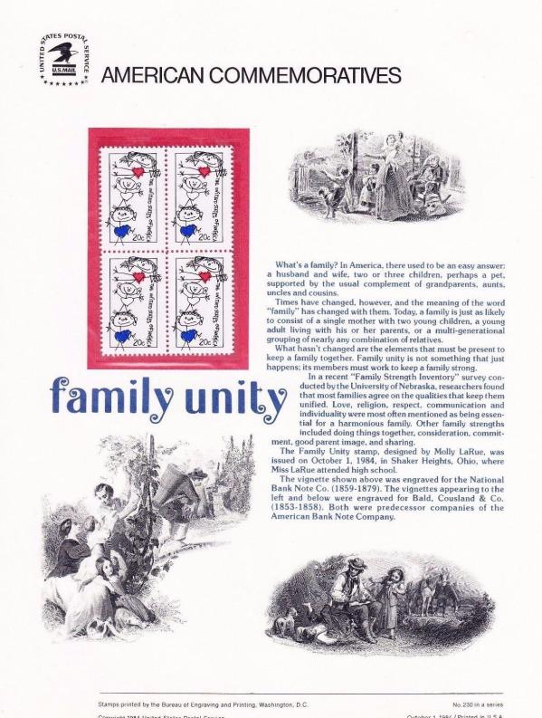 United States | 1984 Family Unity United States Postage Stamps Commemorative Panel Stamp United States