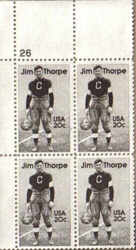 United States | 1984 Jim Thorpe Plate Block of Four 20-Cent United States Postage Stamps Dark brown Stamp Dark brown