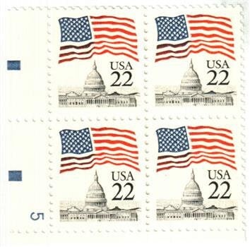 United States | 1985 Flag Over Capitol Plate Block of Four 22-Cent United States Postage Stamps Blue, red and black Stamp Blue, red & black