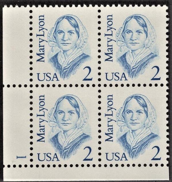 United States | 1987 Mary Lyon Plate Block of Four 2-Cent United States Postage Stamps Stamp United States