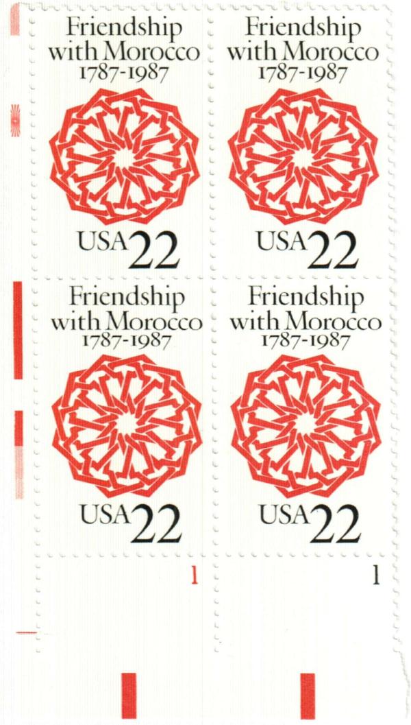 United States | 1987 US Friendship with Morocco Plate Block of Four 22-Cent United States Postage Stamps Scarlet and black Stamp Scarlet & black