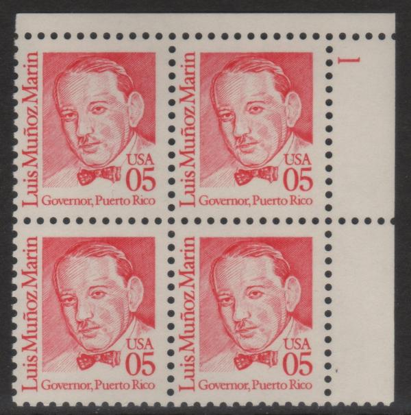 United States | 1990 Luis Munoz Marin Plate Block of Four 5-Cent United States Postage Stamps Stamp United States