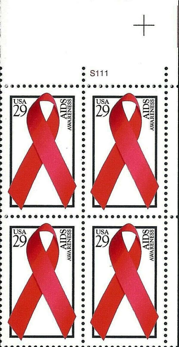 United States | 1993 AIDS Awareness Plate Block of Four 29-Cent United States Postage Stamps Black and red Stamp Black & Red