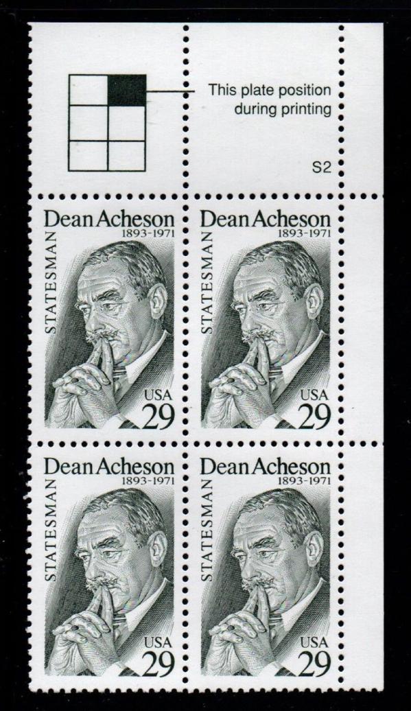 United States | 1993 Dean Acheson Plate Block of Four 29-Cent United States Postage Stamps Greenish gray Stamp Greenish gray