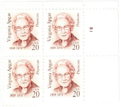 United States | 1994 Virginia Apgar Plate Block of Four 20-Cent United States Postage Stamps Reddish brown Stamp Reddish brown