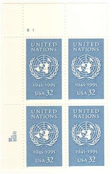 United States | 1995 United Nations 50th Anniversary Plate Block of Four 32-Cent US Postage Stamps Blue Stamp Blue