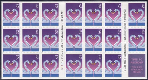 United States | 1997 Swans Booklet Pane of Twenty 32-Cent United States Love Stamps Multicolored Stamp Multicolored