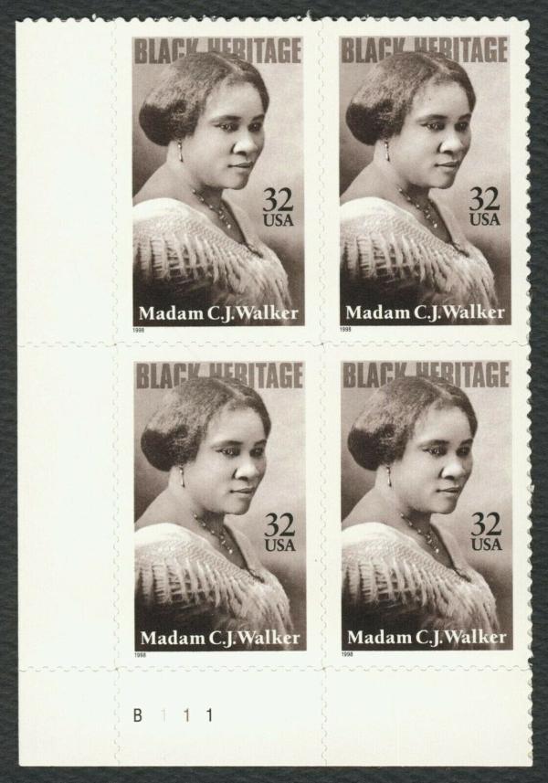 United States | 1998 Black Heritage Madam C J Walker Plate Block of Four US 32-Cent Postage Stamps Sepia and black Stamp Sepia & black