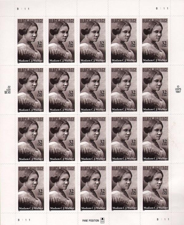 United States | 1998 Black Heritage Madam C J Walker Sheet of Twenty US 32-Cent Postage Stamps Sepia and black Stamp Sepia & black