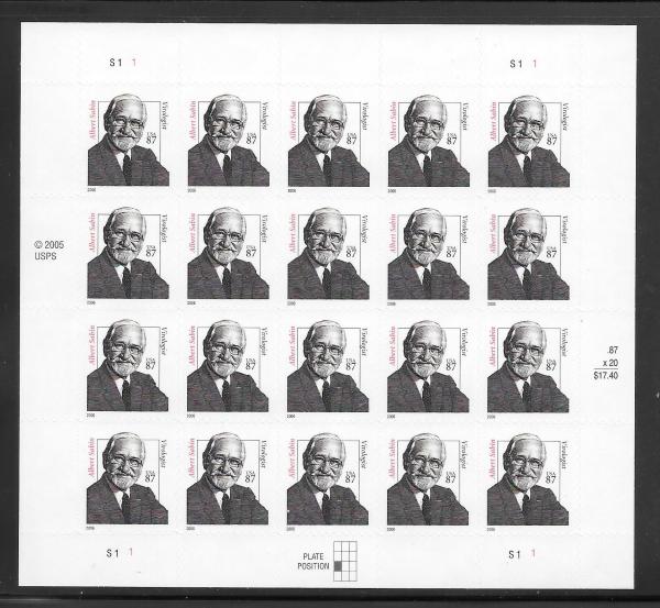 United States | 2006 Albert Sabin Virologist Sheet of Twent US 87-Cent Postage Stamps Mint Never Hinged Red and black Stamp Red & black