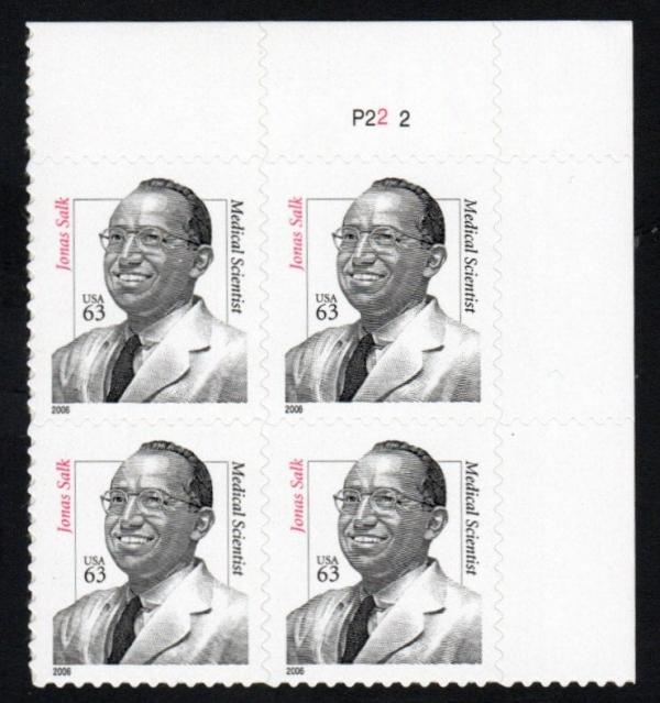 United States | 2006 Jonas Salk Plate Block of Four 63-Cent United States Postage Stamps Red and black Stamp Red & black