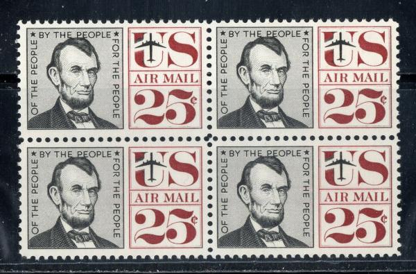 United States | Abraham Lincoln Block of Four 25-Cent United States Air Mail Postage Stamps Black and maroon Stamp Black & maroon