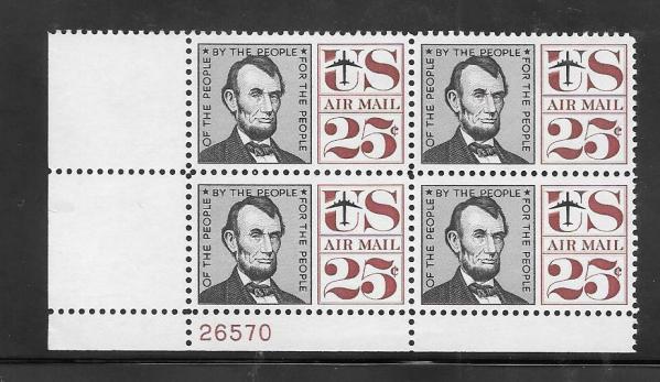 United States | Abraham Lincoln  Plate Block of Four 25-Cent United States Air Mail Postage Stamps Black and maroon Stamp Black & maroon