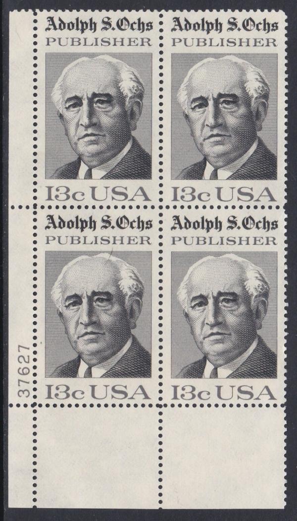 United States | Adolph Ochs Plate Block of Four 13-Cent US Postage Stamps Issued 1976 Black and gray Stamp Black & gray