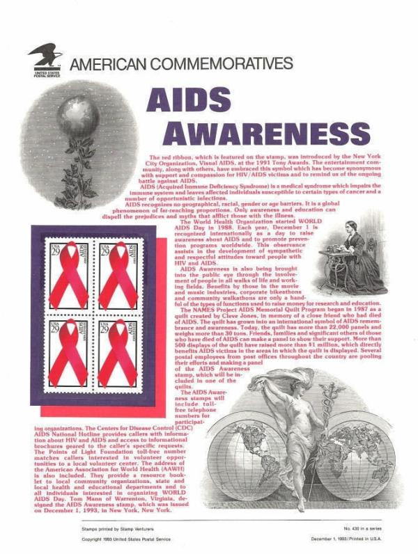 United States | AIDS Awareness United States Postage Stamps Commemorative Panel Issued 1993 Stamp United States